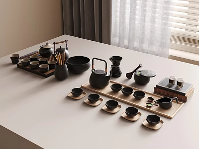 Modern Ceramic Tea Set With Teapot Teacups And Wooden Tray 3d model