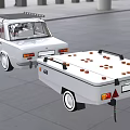 White Classic Car With Roof Rack Towing Trailer And Orange Boxes