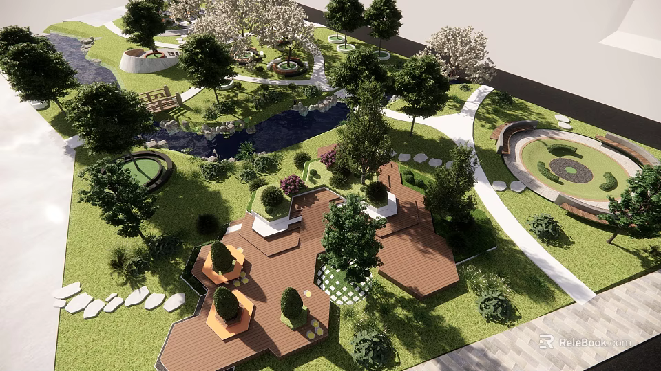 Scenic Park Landscape With Wooden Decks Trees Grass Stone Pathways And Flower Beds 3d model 
