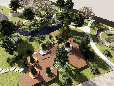 Scenic Park Landscape With Wooden Decks Trees Grass Stone Pathways And Flower Beds 3d model