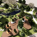 Scenic Park Landscape With Wooden Decks Trees Grass Stone Pathways And Flower Beds
