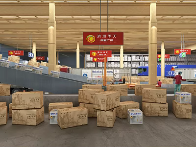 Southwest Huatian Shopping Mall Interior With Stacked Cardboard Boxes And Signs 3d model