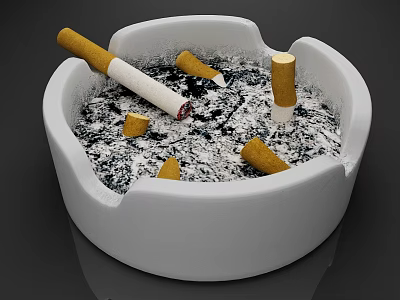 White Ceramic Ashtray Filled with Scattered Cigarette Butts and Ash 3d model
