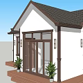 White Exterior Single Family House With Dark Roof Large Glass Door And Wooden Porch