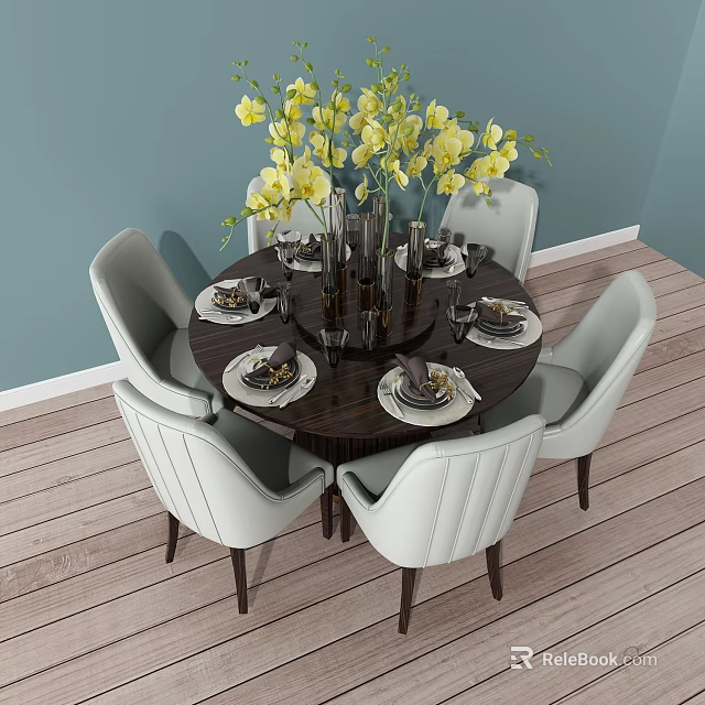 Elegant Round Dining Table Set With Light Gray Chairs Yellow Flower Arrangement Tableware Light Blue Wall 3d model