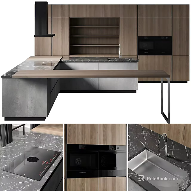 Modern Kitchen Interior Design With Island Counter Stone Countertop Cabinets And Appliances 3d model 