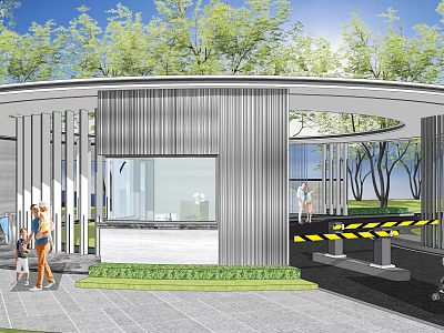 Modern Scenic Wall Featuring Arched Aluminum Lattice Design With Surrounding Green Trees And Pedestrians 3d model