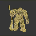 Armored Metallic Robot Holding Trident Weapon With Mechanical Design Details