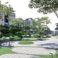 Tranquil Residential Landscape With Winding Pathways Circular Lawns Seating And Green Spaces