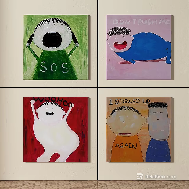 Colorful Abstract Paintings With Expressive Figures And Text Elements SOS I Screwed Up Again 3d model 