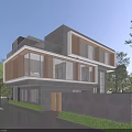 Modern Detached Villa Exterior With Large Glass Windows Concrete Structure Wooden Elements And Trees