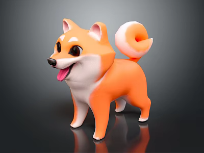 3D Shiba Inu Figure Orange White Fur Open Mouth Curled Tail On Black Reflective Surface 3d model