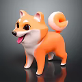 3D Shiba Inu Figure Orange White Fur Open Mouth Curled Tail On Black Reflective Surface
