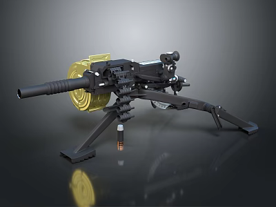 Black Military Machine Gun With Yellow Drum Magazine Tripod Stand And Scope 3d model