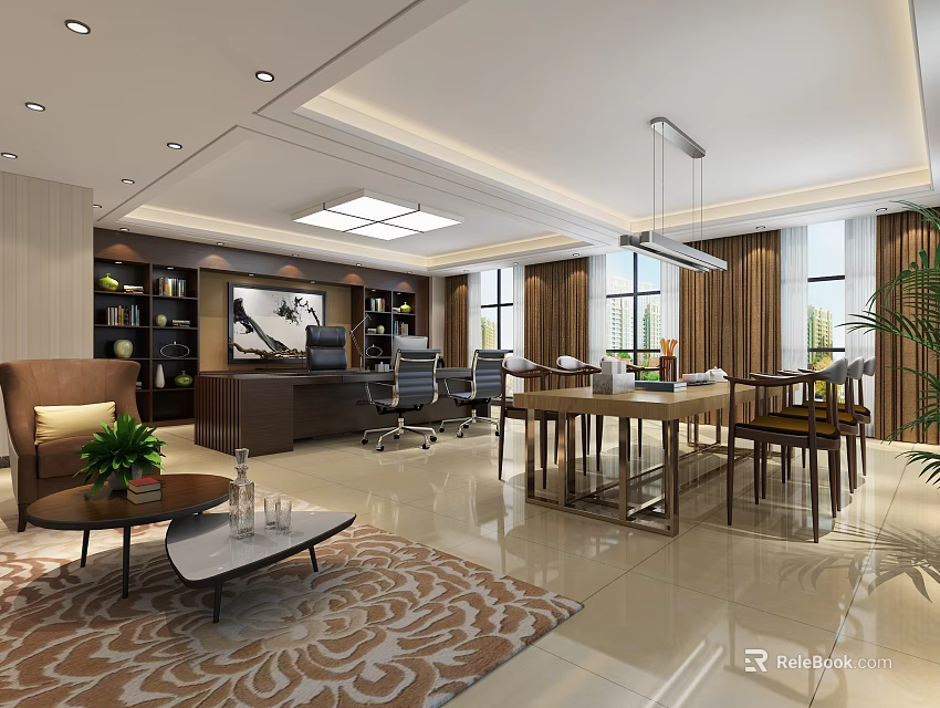 Modern Office Interior Design With Executive Desk Bookshelves Large Windows Patterned Rug And Potted Plants 3d model 
