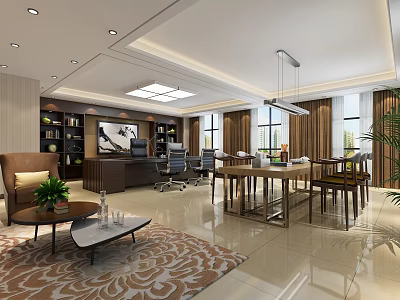 Modern Office Interior Design With Executive Desk Bookshelves Large Windows Patterned Rug And Potted Plants 3d model