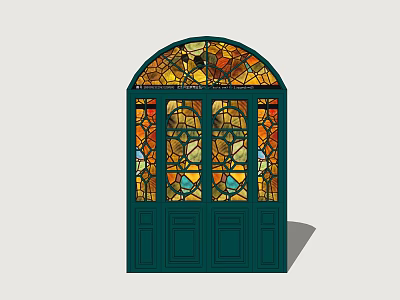 Green Door With Arched Stained Glass Windows And Colorful Decorative Panels 3d model