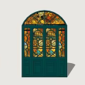 Green Door With Arched Stained Glass Windows And Colorful Decorative Panels