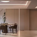 Modern Restaurant Interior With Light-Colored Walls Wooden Dining Table Chairs And Decorative Plant