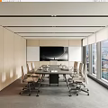 Modern Conference Room Interior With Long Table Chairs Large Screen TV And City View Windows