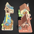 Cartoon Style Houses With Colorful Rooftops Wooden Porches Small Plants And Cute Village Scene