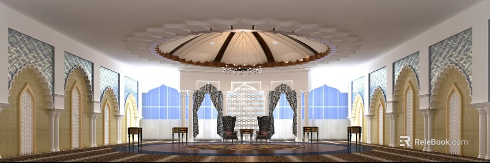 Luxurious Hotel Lobby Featuring Ornate Domed Ceiling Chandelier Large Windows Decorative Curtains And Armchairs 3d model 