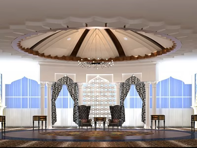 Luxurious Hotel Lobby Featuring Ornate Domed Ceiling Chandelier Large Windows Decorative Curtains And Armchairs 3d model