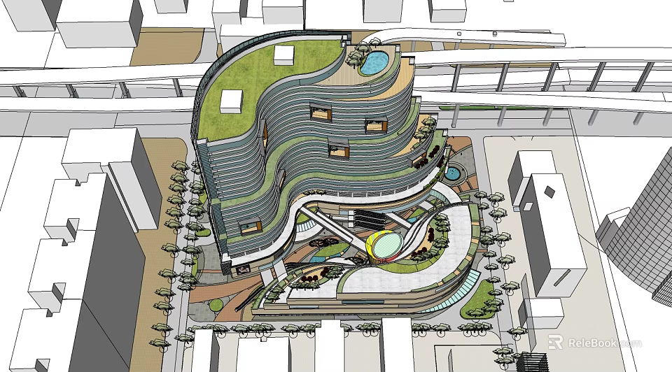 Modern Commercial Complex With Green Roof Curved Structure And Landscaped Areas 3d model 