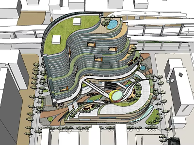 Modern Commercial Complex With Green Roof Curved Structure And Landscaped Areas 3d model