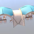 Blue And White Arched Outdoor Tents With Tables And Chairs Setup