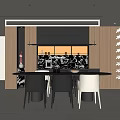 Modern Restaurant Interior With Open Kitchen Round Dining Table Chairs And Hanging Lights