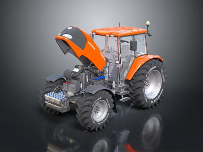 Orange Tractor With Open Hood Large Black Tires And Reflective Surface 3d model