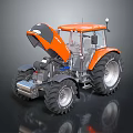 Orange Tractor With Open Hood Large Black Tires And Reflective Surface