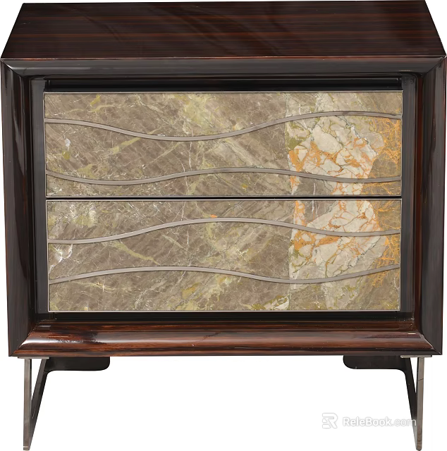 Stylish Decorative Cabinet With Dark Wooden Frame And Wavy Metal Accent Marble Drawers 3d model 