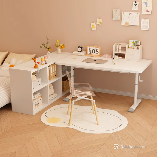 Cozy White Adjustable Height Functional Desk With Bookshelf Storage Tablet Clock Decor Items 3d model 