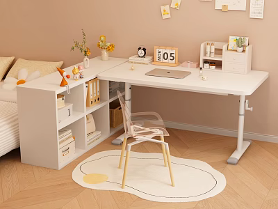 Cozy White Adjustable Height Functional Desk With Bookshelf Storage Tablet Clock Decor Items 3d model