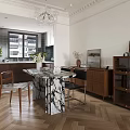 Modern Dining and Living Room Interior With Chandelier Fireplace Sofa And Plants