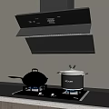 Modern Black Kitchen Hood With Gas Stove And Cookware On Countertop