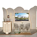 Elegant Modern Real Estate Sales Booth With Reception Desk Display Screen And Lounge Seats
