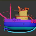 Vibrant 3D Model Boat With Mast Deck And Life Rings On Dark Background