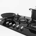 Black Kitchen Cookware Set Featuring Gas Stove Burners Lidded Pots And Frying Pan