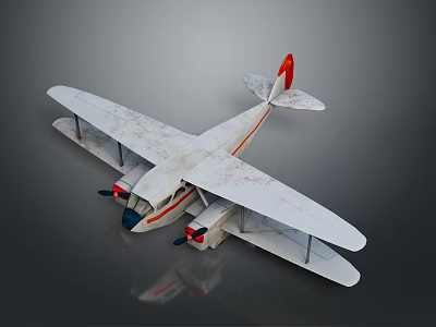 Weathered White Biplane Model Featuring Red Tail Propellers For Space Aviation Theme 3d model