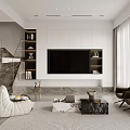 Modern Living Dining Room Interior With Open Layout Sofa Chairs Curtains And Marble Floor