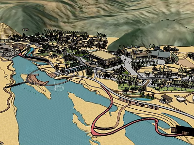 Garden Landscape Design With Mountainous Background Water Bodies Buildings And Winding Paths 3d model