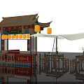 Traditional Chinese Street Food Stall With Classic Eaves Red Decor Lanterns And White Canopy