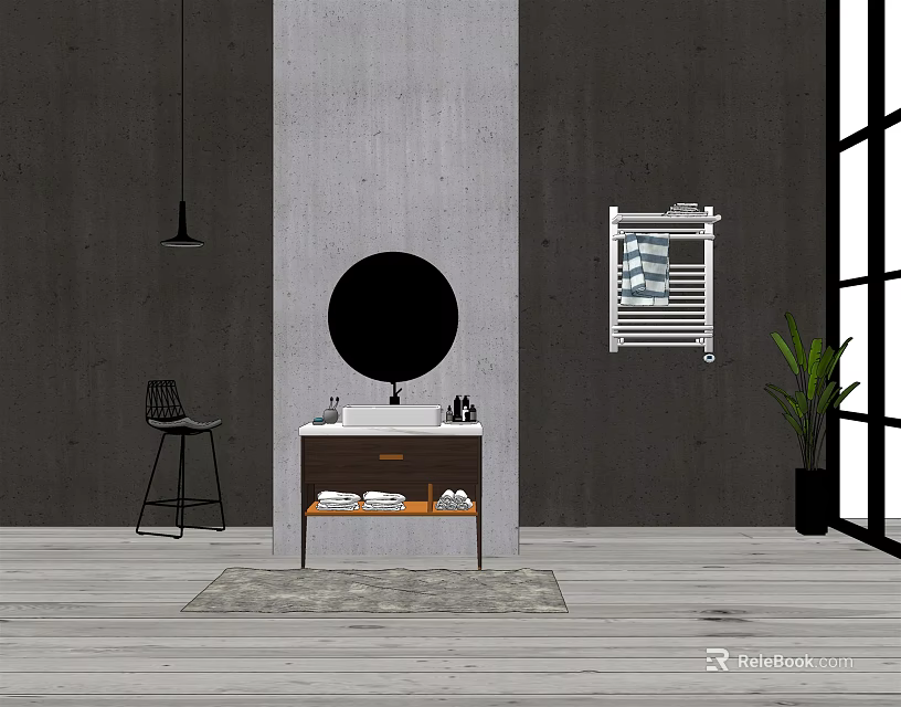 Modern Bathroom Washbasin With Round Mirror Gray Concrete Wall Towel Rack And Plant 3d model 