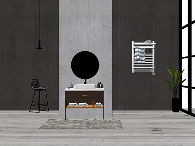 Modern Bathroom Washbasin With Round Mirror Gray Concrete Wall Towel Rack And Plant 3d model