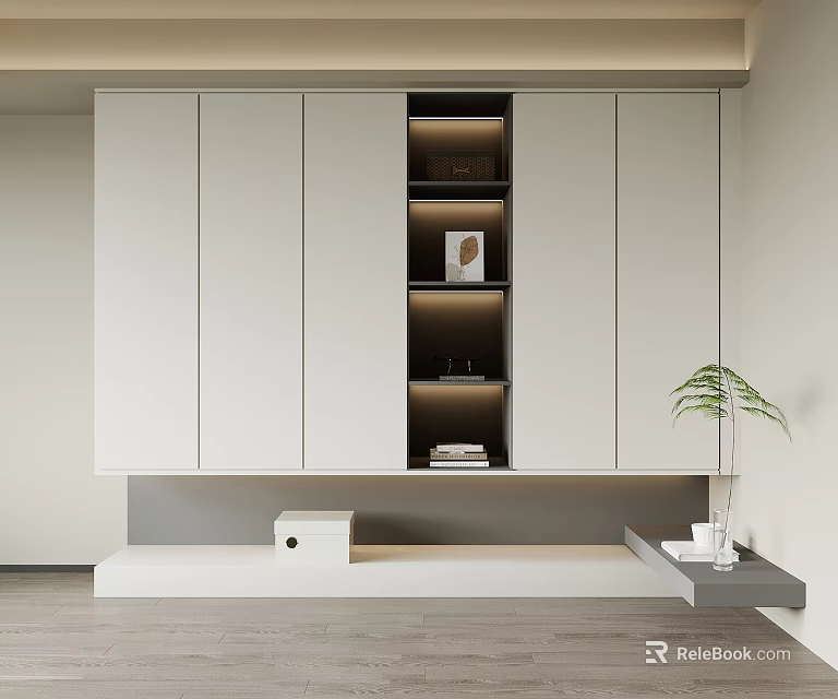 Minimalist Modern Wardrobe Design With White Storage Cabinets Open Shelves And Potted Plant 3d model 