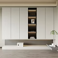 Minimalist Modern Wardrobe Design With White Storage Cabinets Open Shelves And Potted Plant