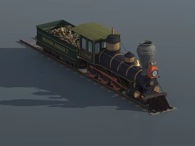 Vintage Western Express Steam Train with Cargo Car Loaded with Logs 3d model